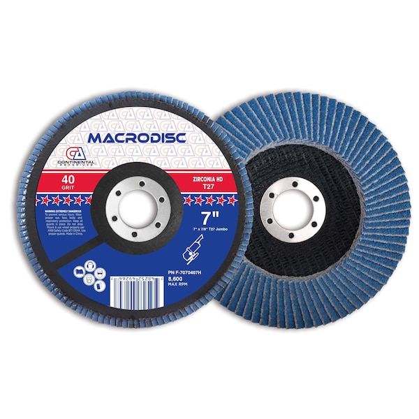 Continental Abrasives 7" x 7/8" 40 Grit T27 Zirconia High Density Flap Disc F-7070407H - main